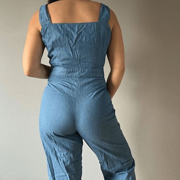 vtg 90s light blue cotton overalls onepiece zip‎ up summer romper boho small - Picture 4 of 9